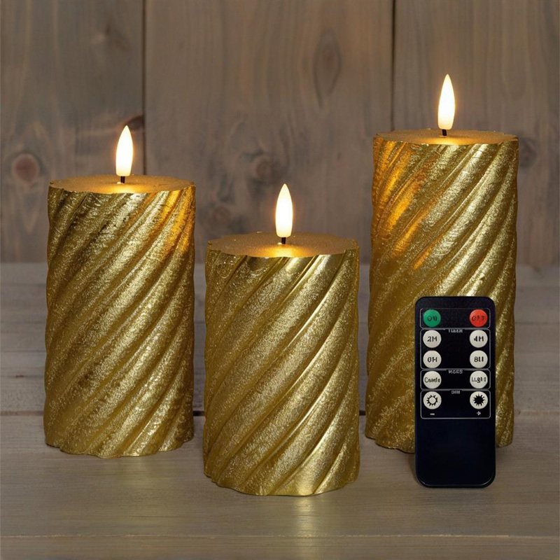 Set 3 Lilin Pilar LED Spiral Emas