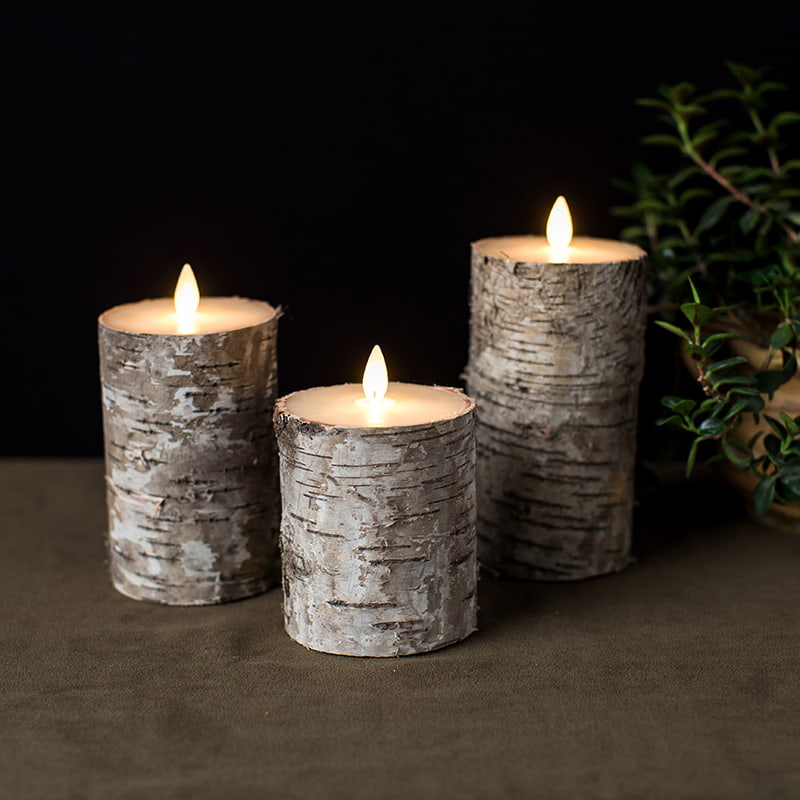 Set 3 Lilin Pilar yang Dioperasikan dengan Baterai Kulit Kayu Birch