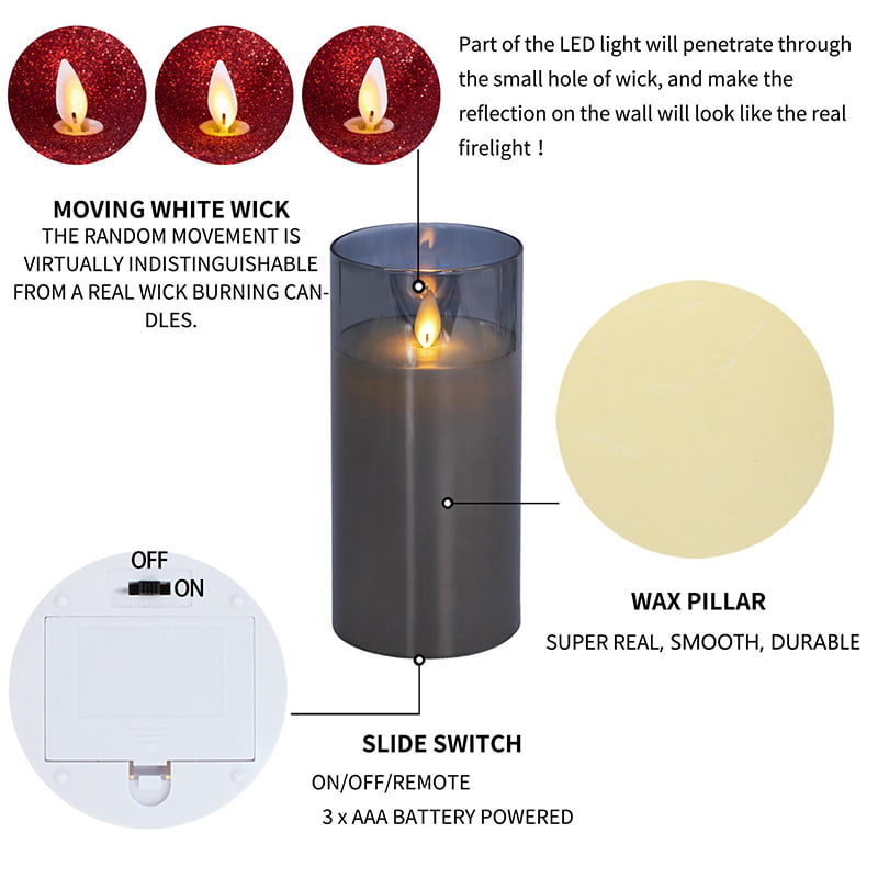 3 Pak Lilin Kaca Tanpa Api Abu-abu dengan Remote