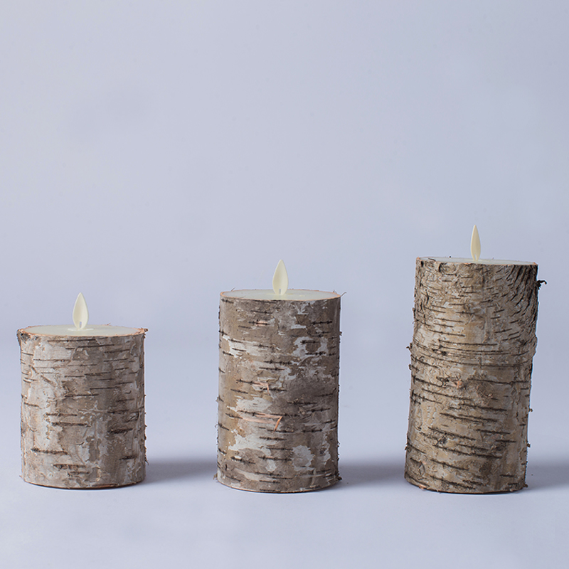 Set 3 Lilin Pilar yang Dioperasikan dengan Baterai Kulit Kayu Birch